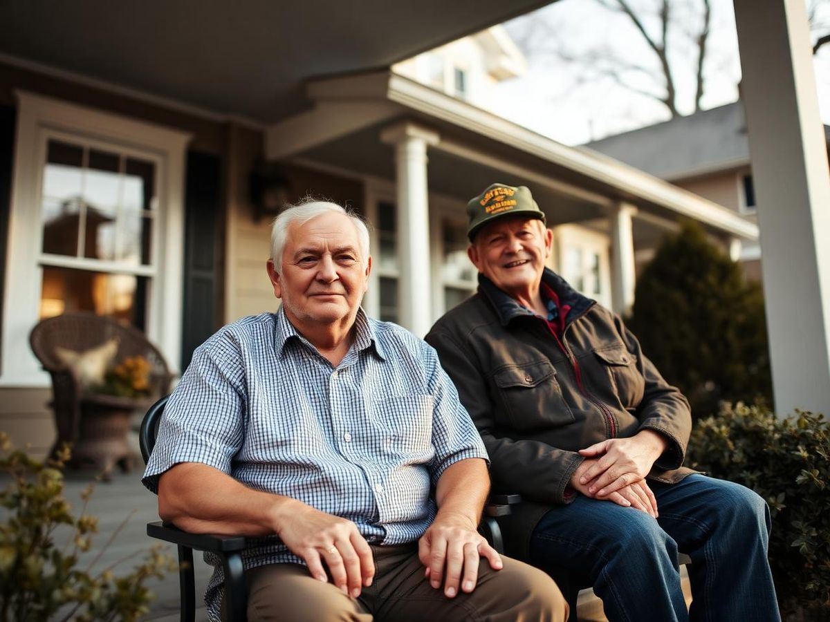 Senior resident and a veteran neighbor visiting on a peaceful porch